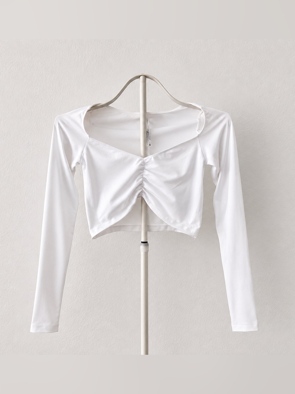 White Ruched Front Long Sleeve Crop Top